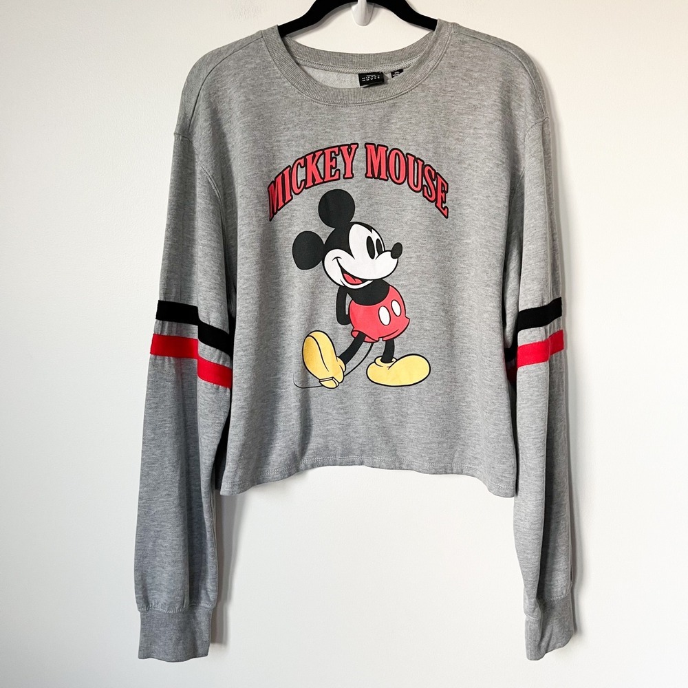 Disney Mickey Mouse Graphic Crop Sweatshirt Womens 2XL‎ Gray Red Black Stripe